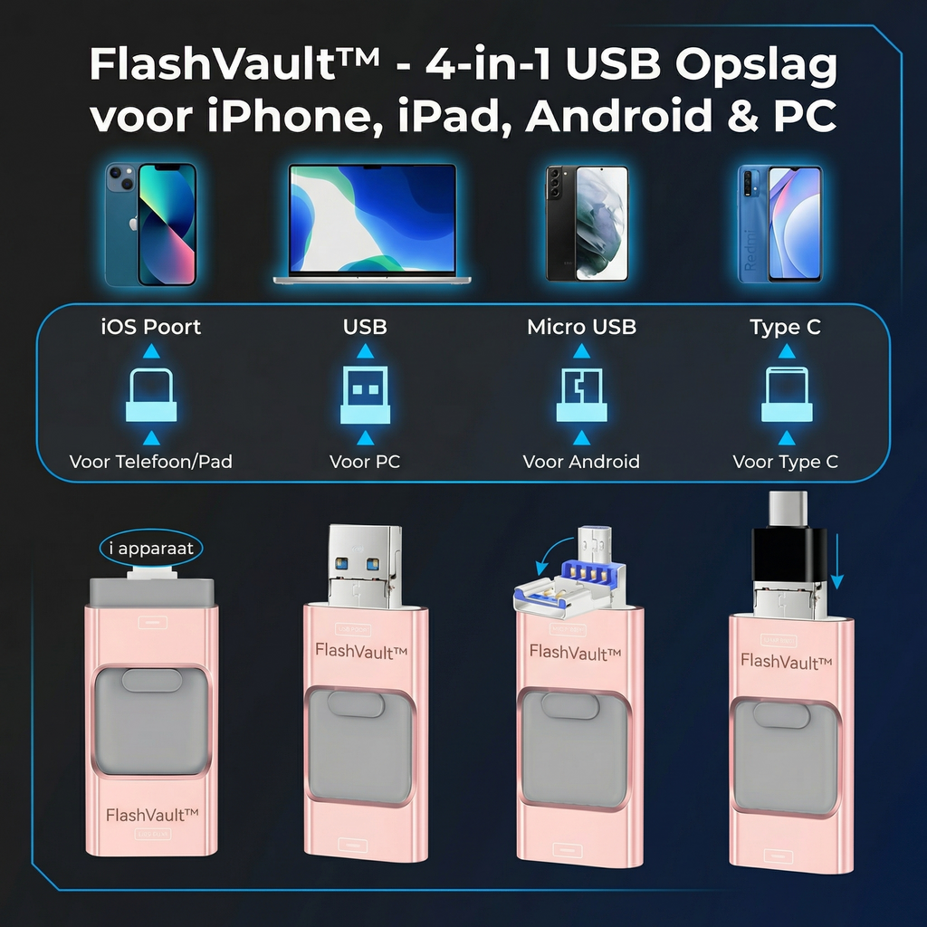 FlashVault™ 4-in-1 USB-opslag voor iPhone, iPad, Android & pc