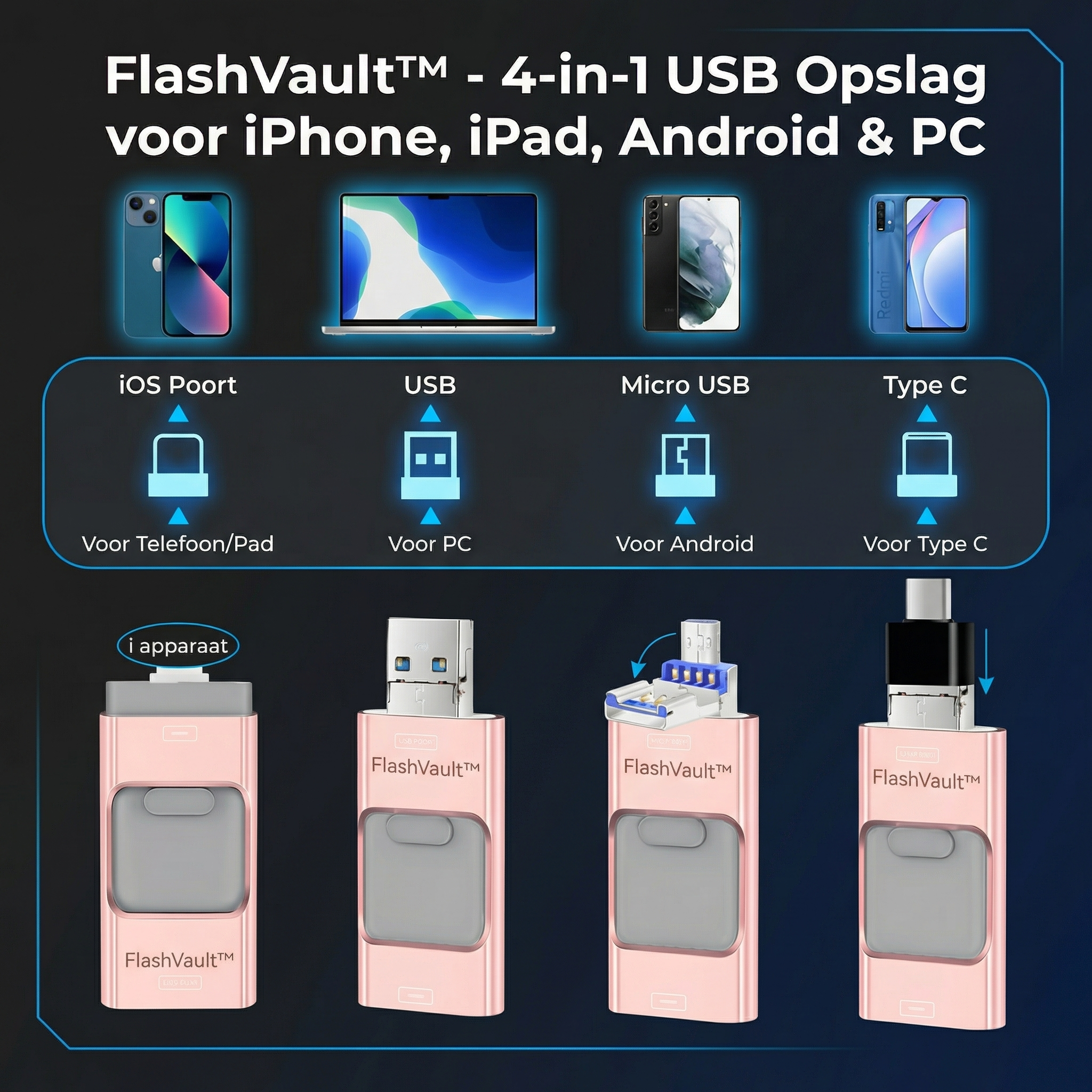 FlashVault™ 4-in-1 USB-opslag voor iPhone, iPad, Android & pc
